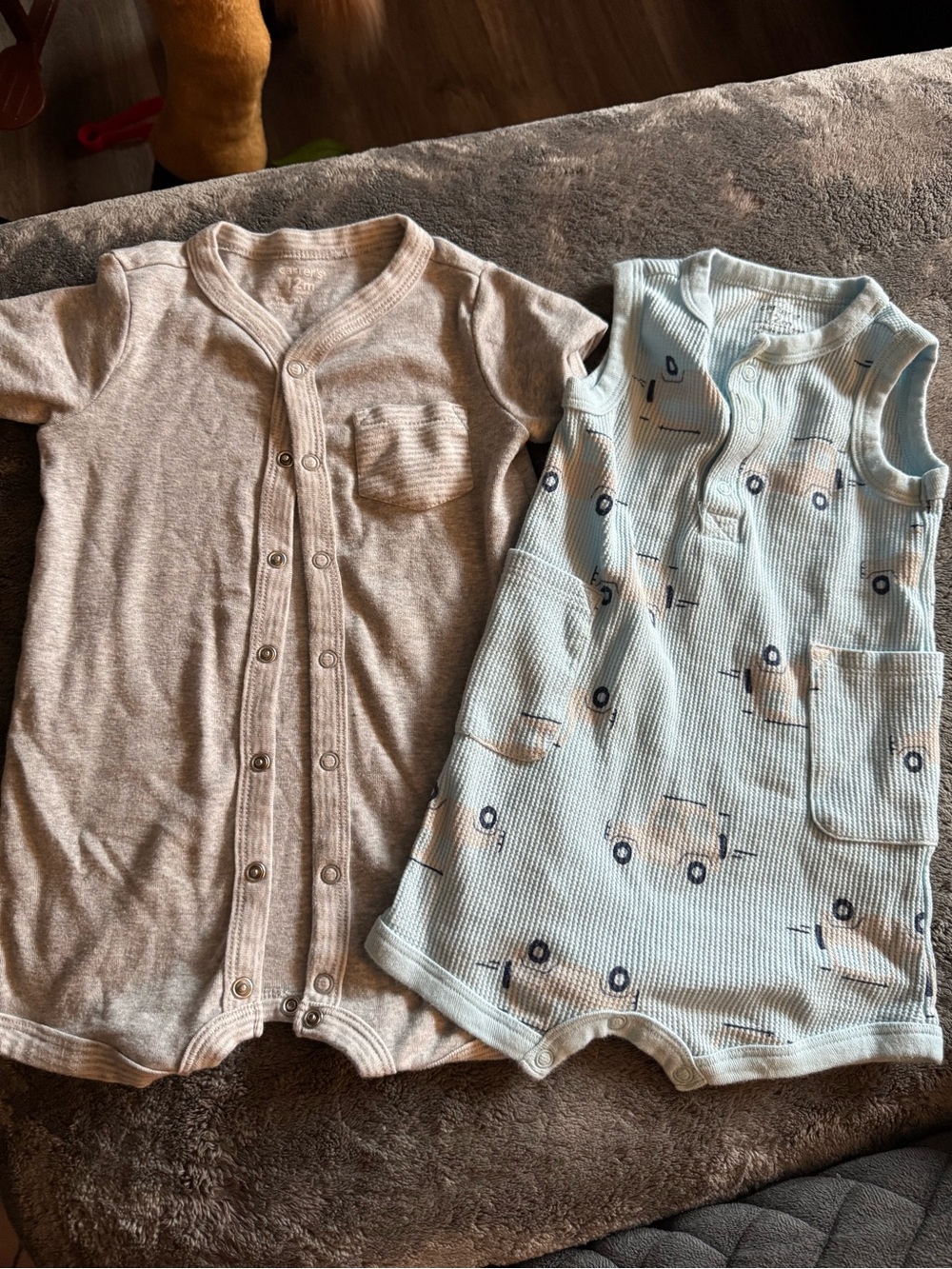 Carter's Light Blue Truck Print Sleeveless Sleep Sack & Beige Snap Romper Set
